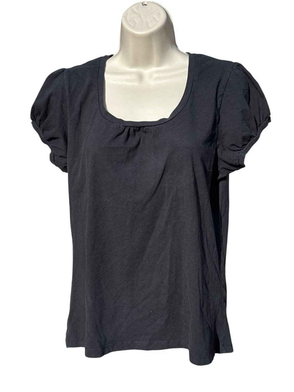 Cambridge Dry Goods Black Puff Sleeve Scoop Neck Ruched Shoulder Gathered Front